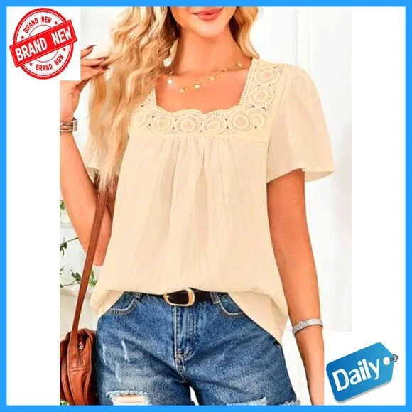 Girls Flowy Short Sleeve Peasant Top Lace Hem Textured Fabric